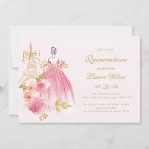 Rosa goldene florale Pariser Chic Quinceanera Einladung