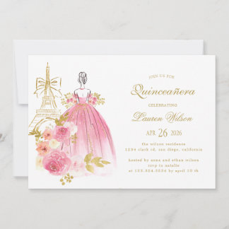 Rosa goldene florale Pariser Chic Quinceanera Einladung