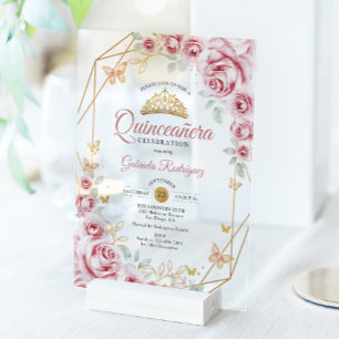Rosa Goldene Florale Quinceanera Acryleinladungen