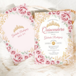 Rosa Goldene Florale Quinceanera Einladung