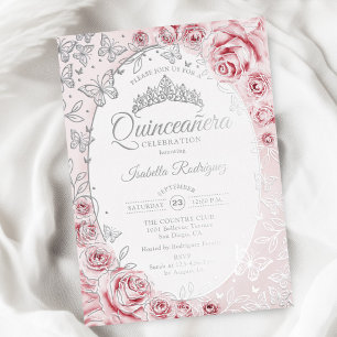 Rosa Goldene Florale Quinceanera Folieneinladung