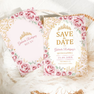Rosa Goldene Florale Quinceanera Save The Date