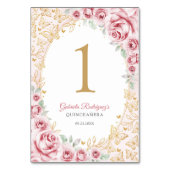 Rosa Goldene Florale Quinceanera Tischnummer (Rückseite)