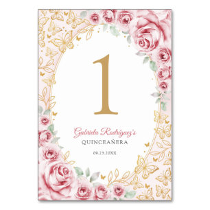 Rosa Goldene Florale Quinceanera Tischnummer