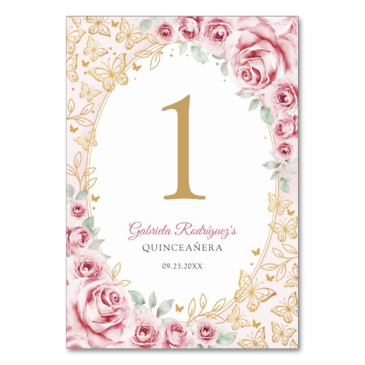 Rosa Goldene Florale Quinceanera Tischnummer (Vorderseite)