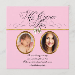 Rosa Goldene Foto Quinceanera-Einladungen Einladung