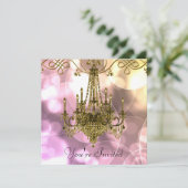 Rosa goldene Kronleuchter-Party Einladungen (Stehend Vorderseite)