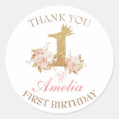 Rosa Goldene Kronprinzessin 1. Geburtstag Party Runder Aufkleber (Vorderseite)