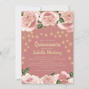 Rosa Goldene Lichterkette Stern Quinceañera Foto Einladung