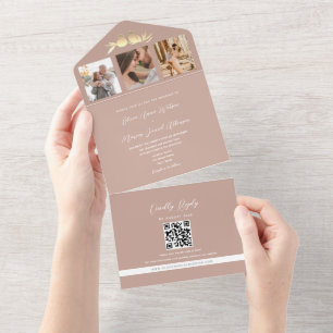 Rosa Goldene Liebesvögel Foto QR-Code Hochzeit All In One Einladung