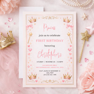 Rosa Goldene Prinzessinnenkrone Märchen 1. Geburts Einladung