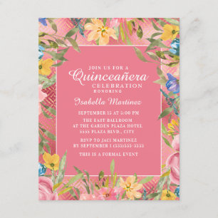 Rosa Goldene Quinceañera Gelb Blau Floral Einladung