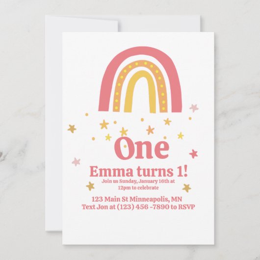 Rosa Goldene Regenbogen 1. Geburtstag Einladung (Vorderseite)
