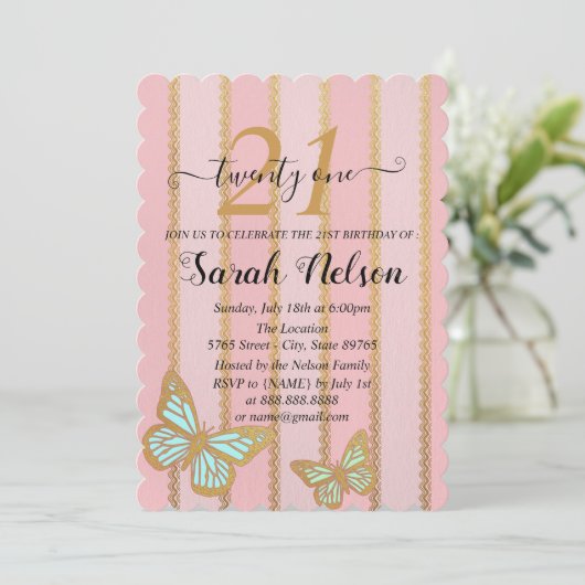 Rosa goldene Streifen und Schmetterling Einladung (Stehend Vorderseite)
