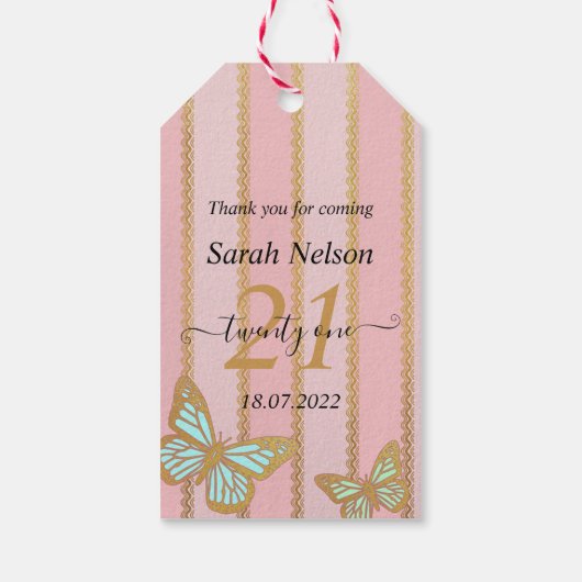 Rosa goldene Streifen und Schmetterling Geschenkanhänger (Rückseite)