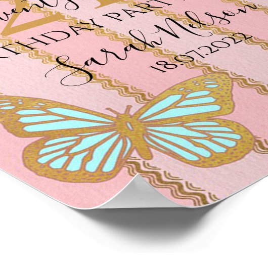 Rosa goldene Streifen und Schmetterling Poster (Ecke)