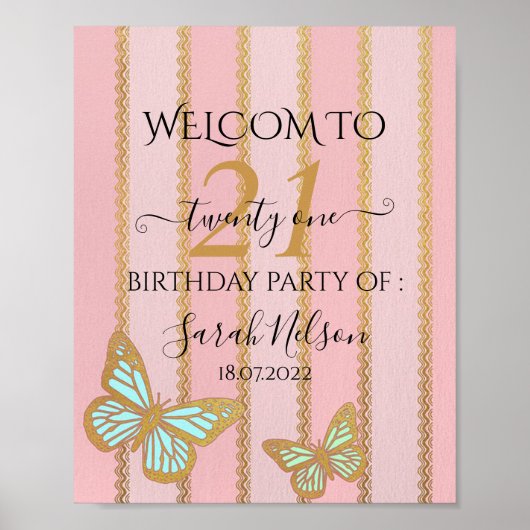 Rosa goldene Streifen und Schmetterling Poster (Vorne)