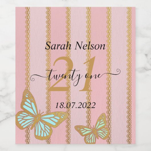 Rosa goldene Streifen und Schmetterling Weinetikett (Einzelnes Label)