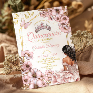 Rosa goldene Tiara Blumen Schmetterling Quinceañer Einladung