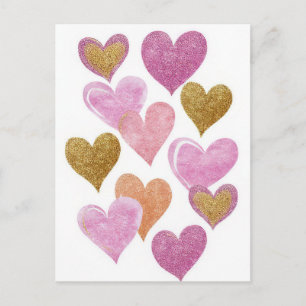 Rosa goldene Valentinstagskarte mit Herzen  Postkarte