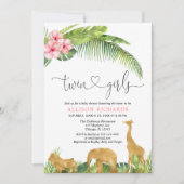 Rosa goldene Zwillingsmädchen Safari Dschungel Bab Einladung (Vorderseite)