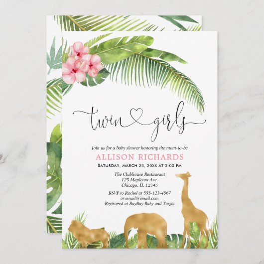 Rosa goldene Zwillingsmädchen Safari Dschungel Bab Einladung (Vorne/Hinten)