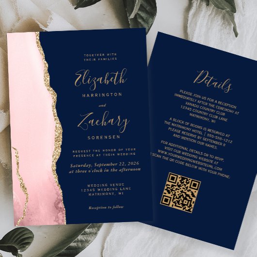 Rosa-goldener Achat-Navyblauer QR-Code-Hochzeit Einladung