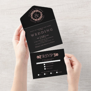 Rosa goldener Glitterkranz auf schwarzer Hochzeit All In One Einladung