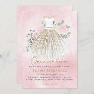 Rosa goldener Glitzer Blumenkleid Quinceañera Einladung