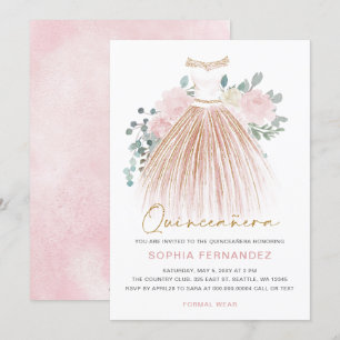 Rosa goldener Glitzer Blumenkleid Quinceañera Einladung