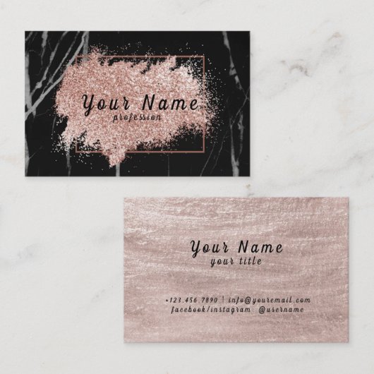 Rosa goldener Glitzer, schwarzer Marmorhintergrund Visitenkarte (Vorne/Hinten)