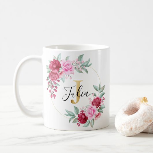 Rosa Goldfarben Bläsermonogramm J Kaffeetasse (Mit Donut)