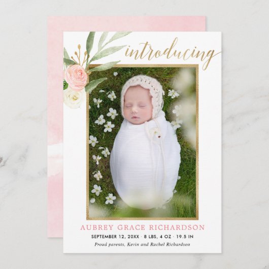 Rosa goldfarbene Ankündigung zur Geburt eines Mädc (Vorne/Hinten)