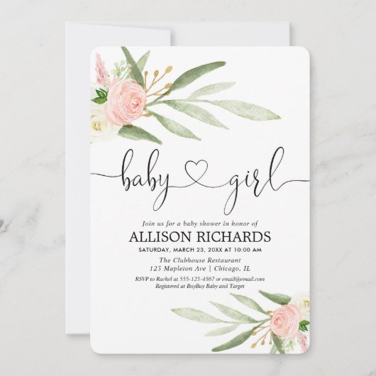 Rosa goldfarbene Babygrün mit Blütenpracht verlass Einladung (Vorderseite)