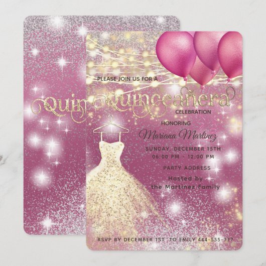 Rosa goldfarbene Coole Glitzer String-Lichter funk Einladung (Vorne/Hinten)