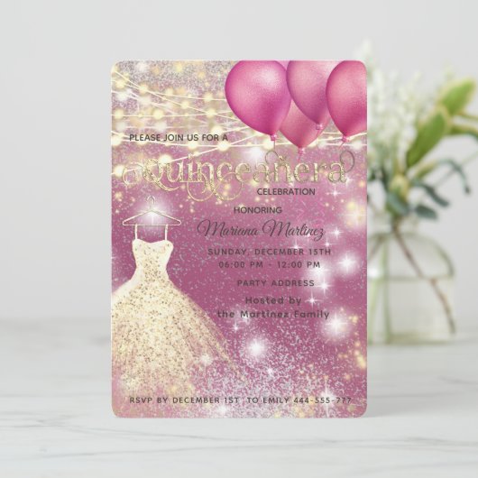 Rosa goldfarbene Coole Glitzer String-Lichter funk Einladung (Stehend Vorderseite)