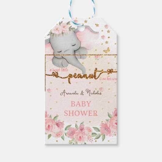 Rosa goldfarbene Elefantenmädchen Dusche Geschenkanhänger (Vorderseite)