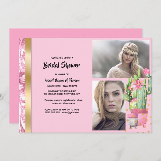 Rosa goldfarbene Kaktus Sukkulent zweifarbiges Fot Einladung (Vorne/Hinten)