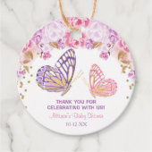 Rosa goldfarbene lila Blüte Butterfly Babydusche Geschenkanhänger (Vorderseite)