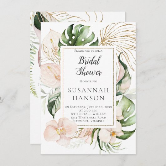 Rosa goldfarbene Rahmen mit tropischem Brautparty Karte (Vorne/Hinten)