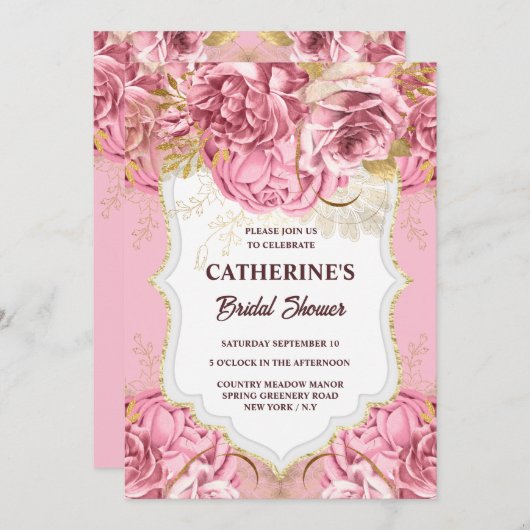 Rosa goldfarbene Rose Blume tropisches Party Einladung (Vorne/Hinten)