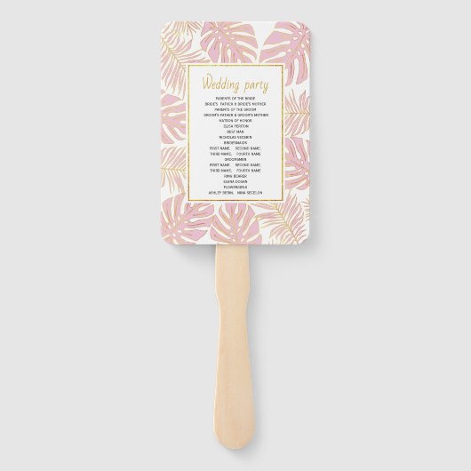 Rosa, goldfarbene tropische Blätter Hochzeitsprogr Fächer (Rückseite)