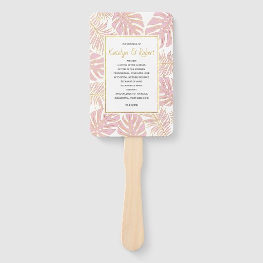Rosa, goldfarbene tropische Blätter Hochzeitsprogr Fächer (Vorderseite)