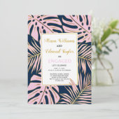 Rosa, goldfarbene tropische Blätter Marine Engagem Einladung (Stehend Vorderseite)