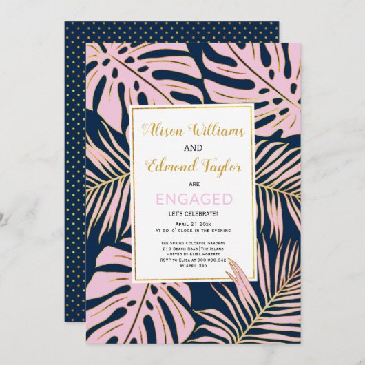 Rosa, goldfarbene tropische Blätter Marine Engagem Einladung (Vorne/Hinten)