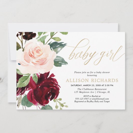 Rosa goldfarbene und bordeauxfarbene Mädchen-Dusch Einladung (Vorderseite)