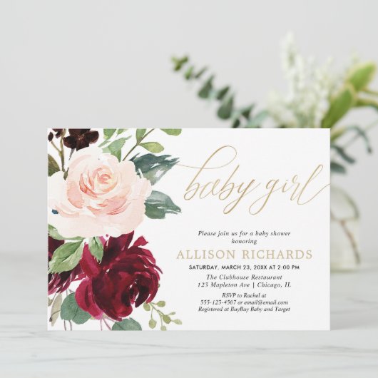 Rosa goldfarbene und bordeauxfarbene Mädchen-Dusch Einladung (Stehend Vorderseite)