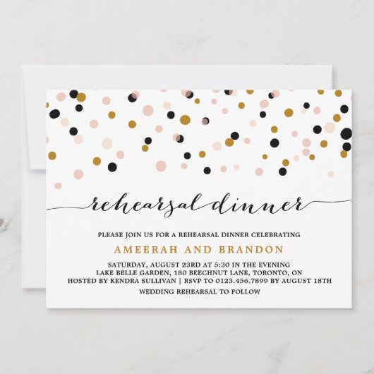 Rosa, goldfarbene und schwarze Confetti Dots Probe Einladung (Vorderseite)