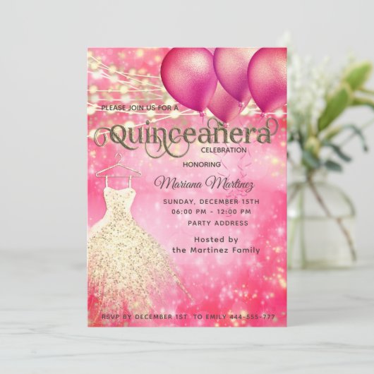 Rosa goldfarbener Cooler Glitzer String Lichteffek Einladung (Stehend Vorderseite)