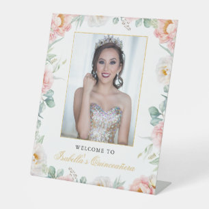Rosa goldfarbenes Foto Quinceñera Begrüßungszeiche Sockelschild